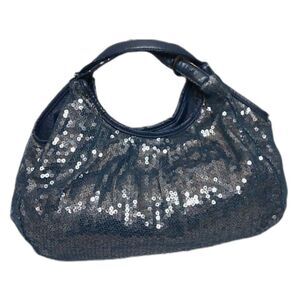 ANTEPRIMA Midnight Blue Sequin Mesh & Leather Trim Hobo Top Handle Bag